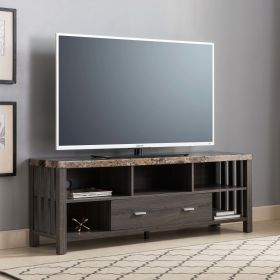 TV Stand in Distressed Grey with Faux Marble Top with Five Shelves and One Bottom Drawer