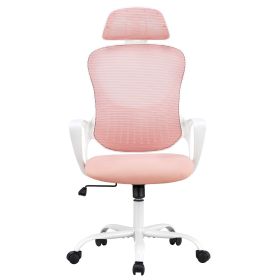 Mesh Rolling Work Chairs with Wheels and Adjustable Headrests, Comfortable Lumbar Support, Comfy Armrest for Home, Bedroom, Study,pink