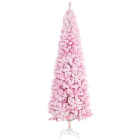 7.5' Tall Unlit Snow Flocked Artificial Christmas Tree Slim Pencil Xmas Tree with Pine Shape and Realistic Branches, Pink
