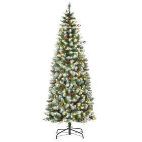 6ft Pre-Lit Snow-Dipped Artificial Christmas Tree with Realistic Branches, 300 LED Lights, Pine Cones, Red Berries and 618 Tips